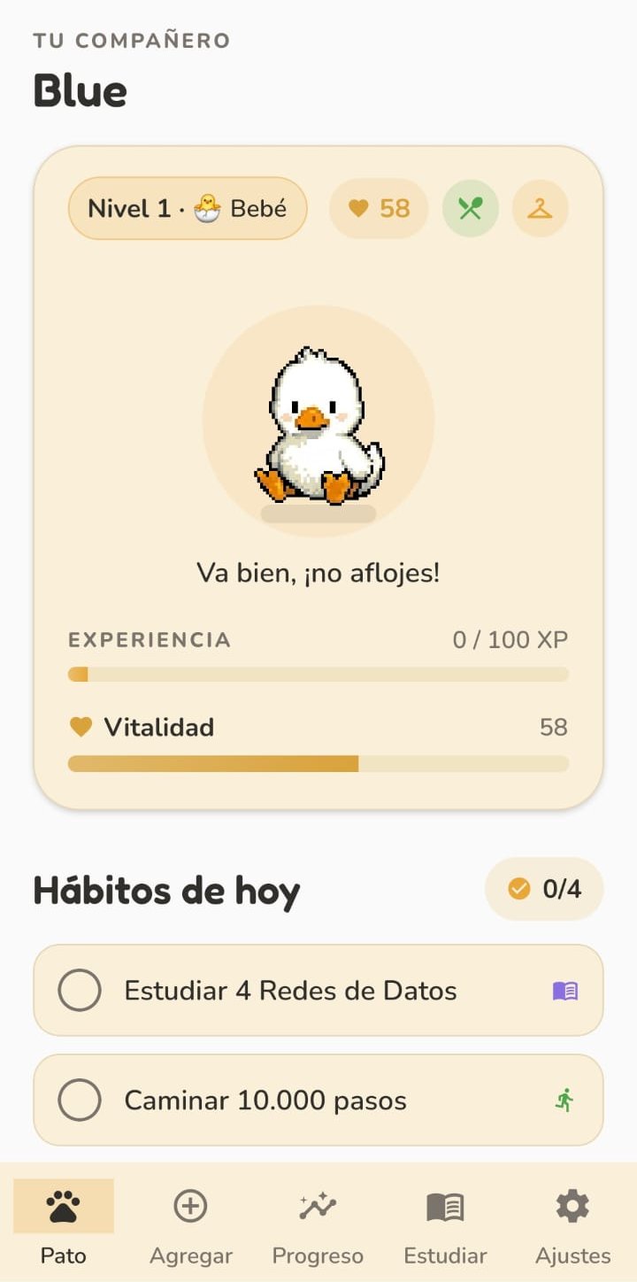 Pantalla de inicio de Habit Duck con el pato, su nivel y los hábitos del día