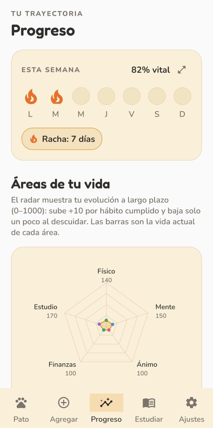 Pantalla de progreso con la racha de la semana y el radar de áreas