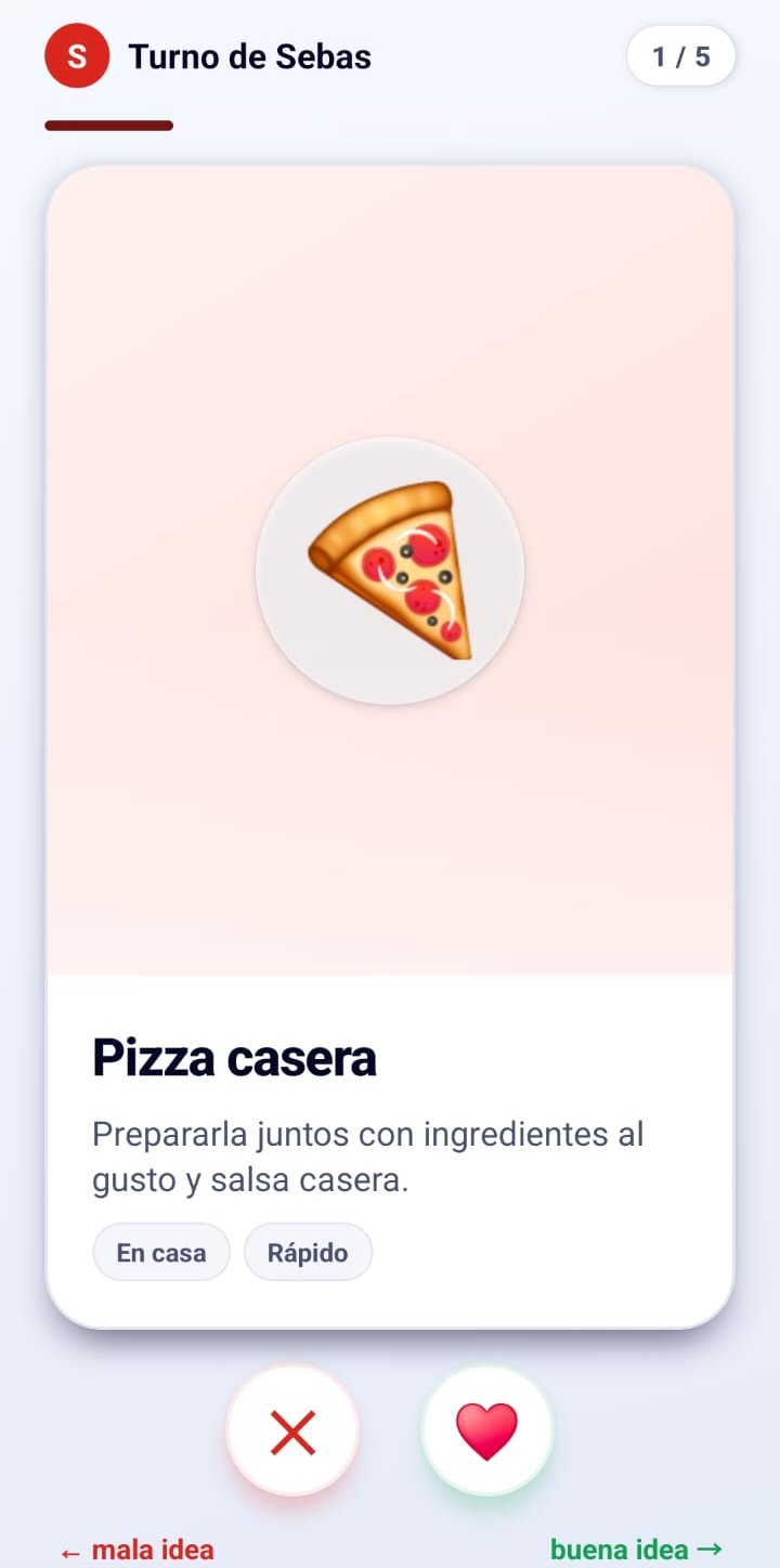 Turno de votación en Decidamos: la tarjeta de la opción Pizza casera con los botones para descartarla o aceptarla